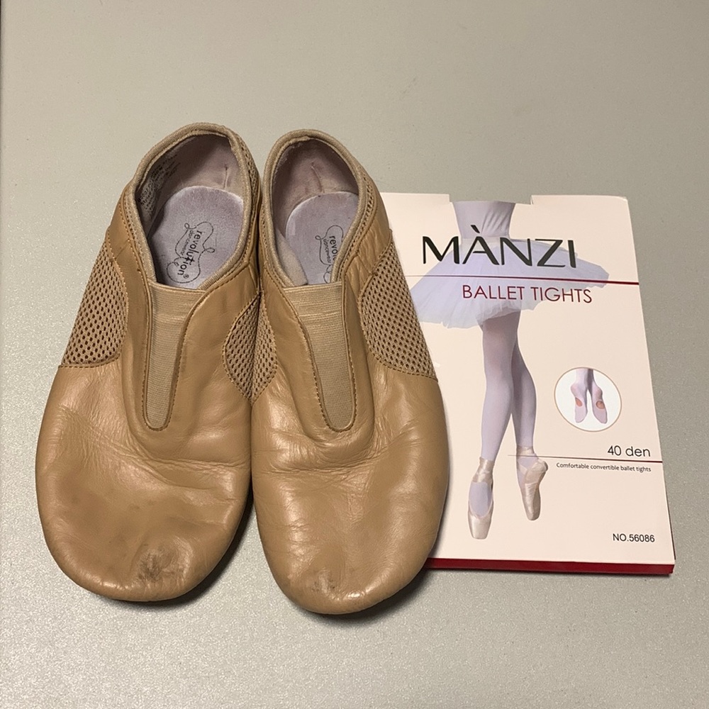 Revolution dancewear pull-on jazz shoes (size 8.5) and Manzi tights (size 5).